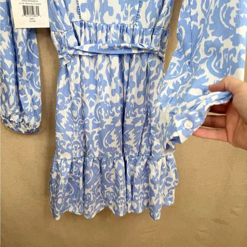 Ellen Tracy Long Sleeve Blue and White Dress Tie Waist Shirtdress Blue Damask S