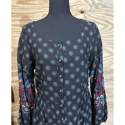 April Cornell Floral Midi Dress Womens Medium Cottagecore Prairie Peasant Black