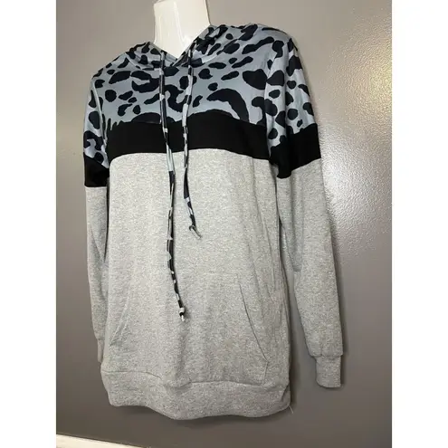 Bluetime Hoodie Womens Small Gray Leopard Colorblock Pullover Sweatshirt