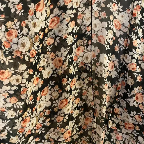 Interi Womens Sheer Black With Pink Floral Cardigan Kimono Robe L Bust 42” Size L