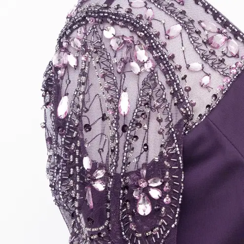 XScape Evenings. Petite "Lana" Long V-neck Beaded Flutter Sleeve Dress.