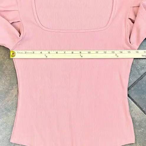 REORIA Women Square Neck Bodysuit Puff Sleeve Ribbed Corset Tops XL Pink