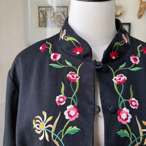 Victor Costa Occasion Floral Embroidered Coat Tunic Jacket Vintage Size 1X Black
