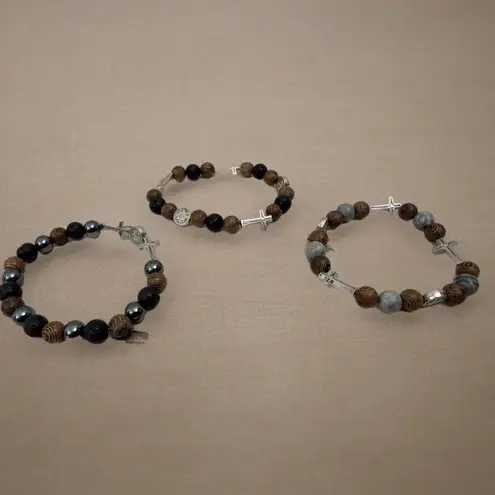 Men's Natural Stone Bracelet Set – Lava Rock, Wood Beads & Cross Charms 3 Pack