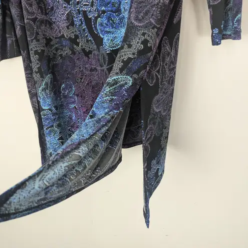 CLARA SUN WOO Black and Purple Floral Slinky Knit Tunic Top Large 3/4 sleeve