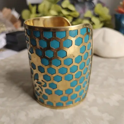Gold & Teal Cuff Bracelet Honeycomb Bee Laser Cut Green