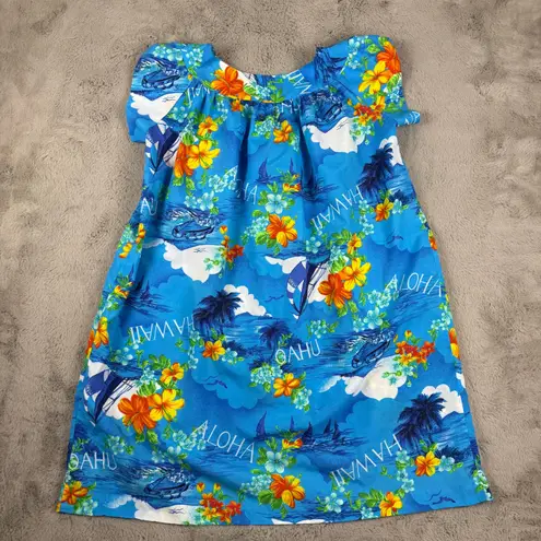 Vintage Made in Hawaii Aloha Dress Floral Print Island Cruise Dress Size L Blue Size L