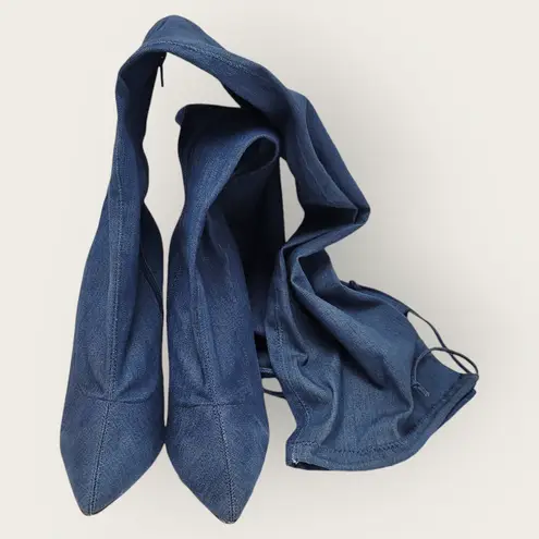 Liliana Womens Blue Denim Thigh High Stretch Stilettos Heels Zip Boots Size 10