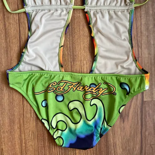 Ed Hardy Vintage Y2K Rare Green Multicolor Sexy Mermaid Edgy One Piece Swimsuit