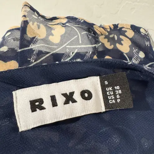 RIXO Cheryl 100% Silk Floral Puff Sleeve Ruffle Trim Tiered Midi Dress Small Blue