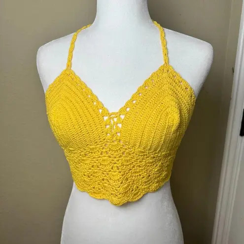Handmade Yellow Crochet Halter Bralette Crop Top - one size