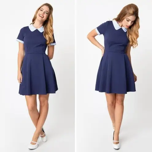 Unique Vintage Gwynnie Bee Gingham Collar Navy Fit-And-Flare Dress, 3X