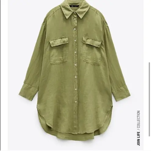 ZARA ✨  Oversized Linen Boho Button Down Green Shirt✨