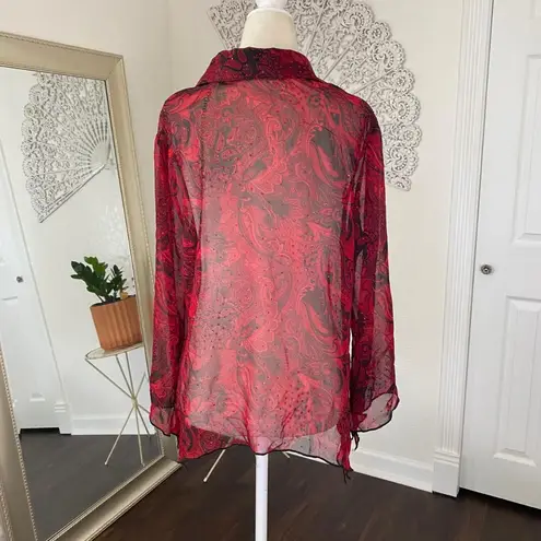 Red Black Whimsygoth Split Sleeve Asymmetric Semi Sheer Mesh Blouse L Size L