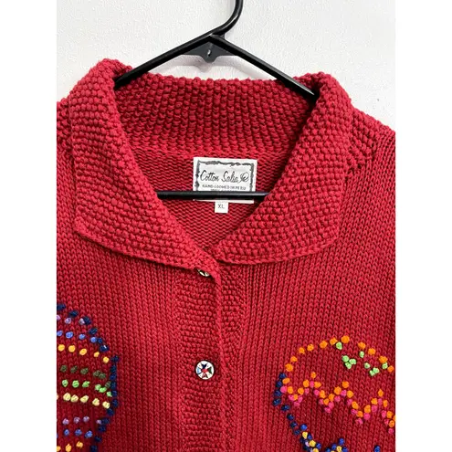 Vintage Hand Loomed Peru Cotton Salsa Hot Air Balloon Novelty Cardigan Size XL Red