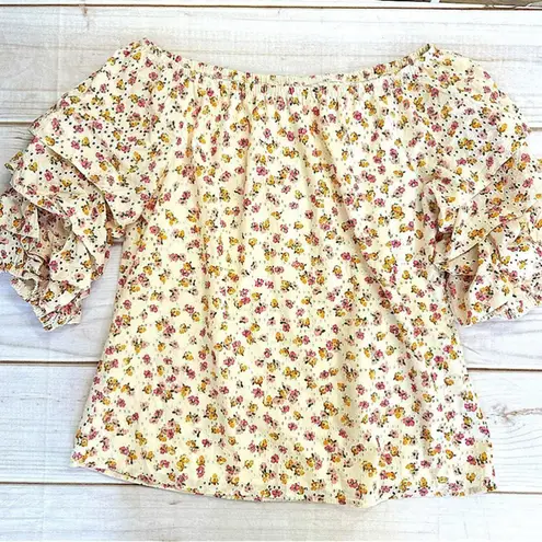 CeCe Cream Dainty Flowers Eyelet Off Shoulder Blouse Ruched Ruffle Half Sleeves