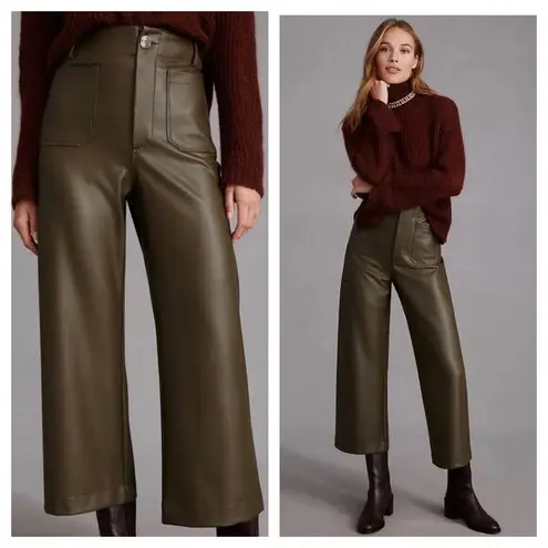 Anthropologie NWT Maeve The Colette Cropped Wide-Leg Faux Leather Pants Size 28 Moss Green