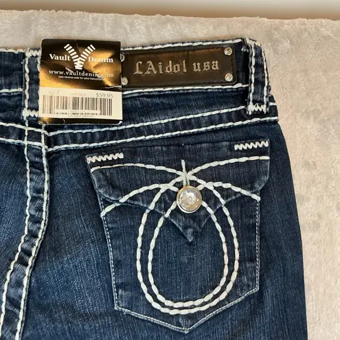 NWT LA Idol USA Embellished Cropped Jeans Dark Wash White Stitch Detail Size 7 Blue