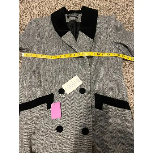 Vintage Deadstock Noble Fashions Wool Herringbone Maxi Pea Coat Sz 8 Velvet Trim Black