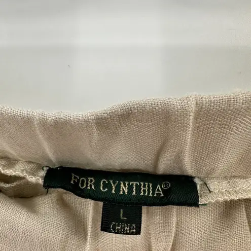For Cynthia Cream Elastic Waistband Frayed Hem A-Line Linen Skirt Size Large
