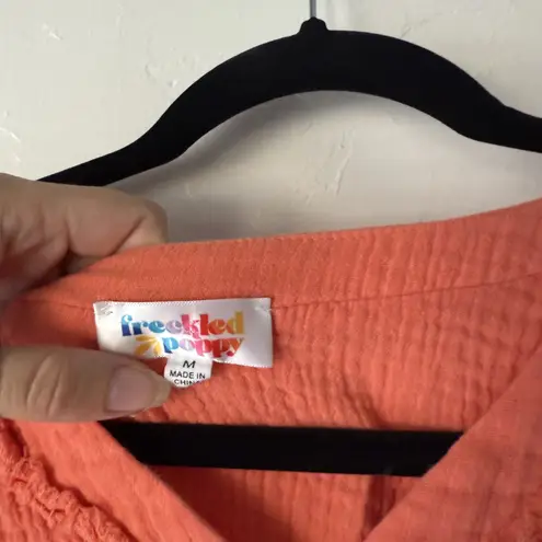 Freckled Poppy Shirt Womens Medium Coral Pink Gauze Textured Pocket Button Top