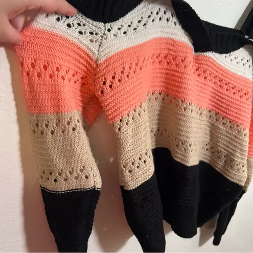 Striped Cold Shoulder Sweater Loose Knit Beige Black Peach S