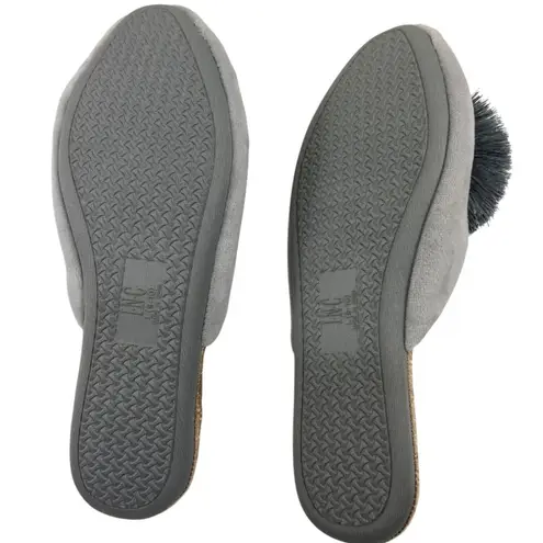 Womens Gray Velvet Quilted Slippers With Faux Fur Pom
