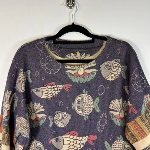 Boho Artsy Fish Graphic Sweater Women's Colorful Wool Knit Pullover Size XXL Purple