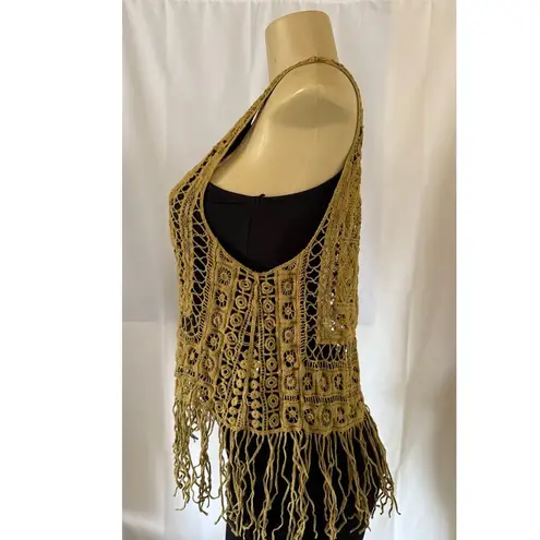 Women’s Gold Boho Crochet Knit Sleeveless Fringe Crop Top Cotton size S