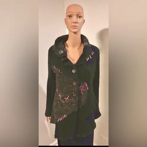 SIONI STUDIO Black Gray Whipstitch Patchwork Cardigan Sweater Big Buttons Large
