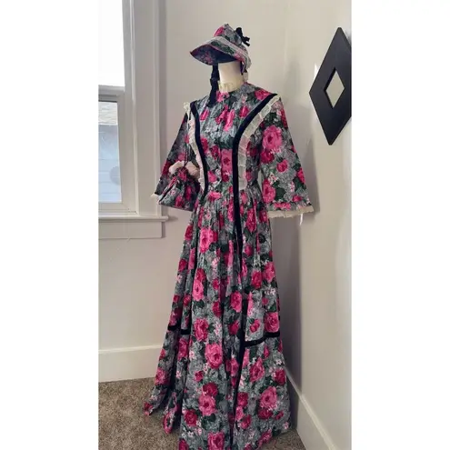 Handmade STUNNING Vintage Victorian Floral Dress Sun Hat Set Handbag Womens Sz S