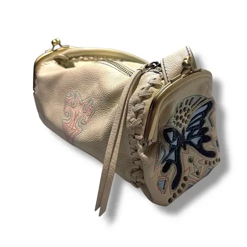 III Parcel Pebbled Leather Butterfly Patchwork Kiss Lock Shoulder Bag Blue