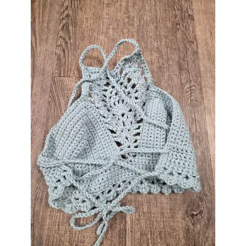 Handmade Crochet Women's Small Bralette Halter Cross Tie Back Top Blue/Gray