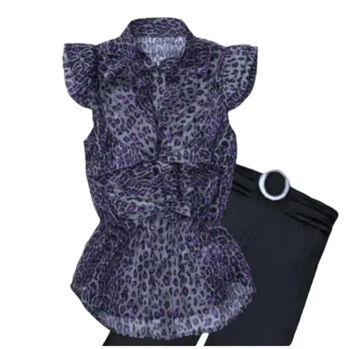 Miley Cyrus Max Azria Womens Blouse Purple Charcoal Leopard Ruffled Top XS