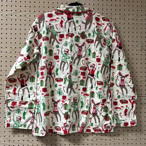 Munki Munki Cream Christmas Theme Long Sleeve Button Down Pajama Holiday Top Red