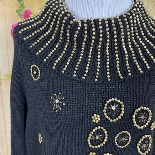 MARNIE WEST Vintage Black Gold Beaded Sweater Size M Size M