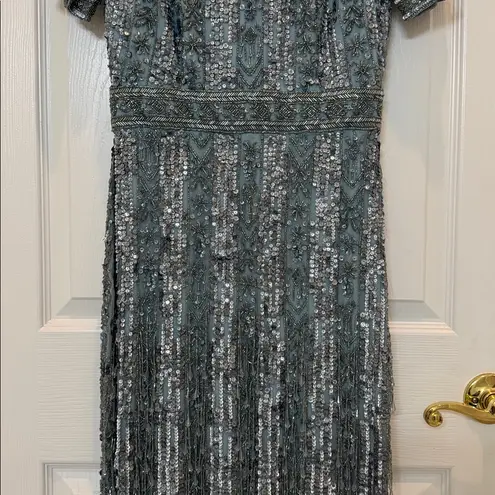 Mac Duggal NWT 5980 Blue High Neck Short Sleeve Crystal Fringe Sheath Dress Sz 8