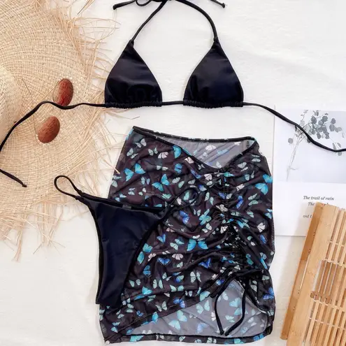 Black cheeky bikini butterfly cover skirt three pieces set