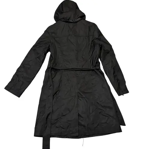 Tahari Black Hooded Belted Trench Coat Women Long Sleeve Full Zip Button Pockets