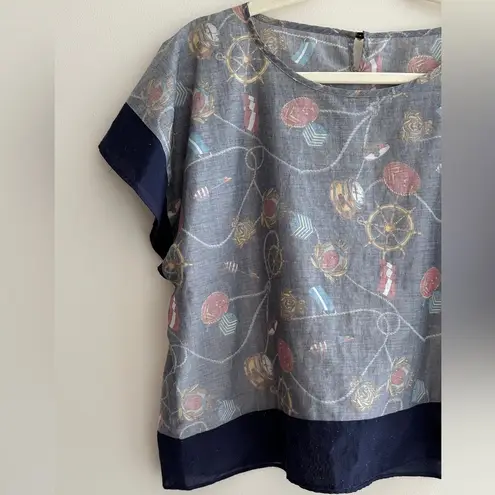 Eveve Nautical Print Blouse, Coastal Grandma Preppy Blouse, Navy Blue, Medium Blue