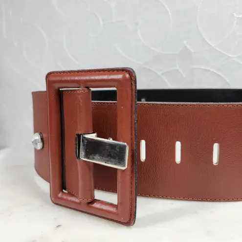 Vintage Yves Saint Laurent Wide Belt S Brown Leather Buckle Rhinestone Rivets