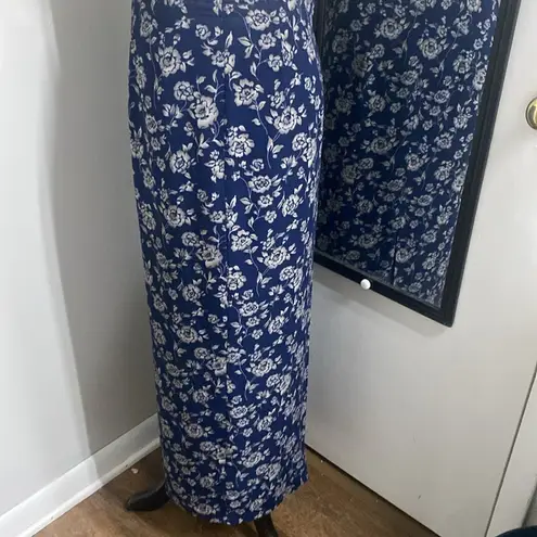 VNTG 90s FLORAL SILK MAXI SKIRT NAVY WITH CREAM FLOWERS PRINTED ALL OVER LINED Blue Size M