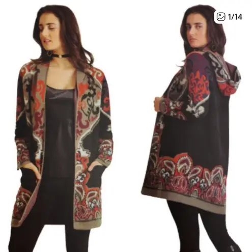 Elegant Black and Red Patterned Cardigan Size 2X - Image 2