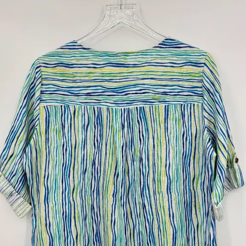 Cathy tunic M petite linen blend short tab sleeve zip front stripe beach resort Green Size M