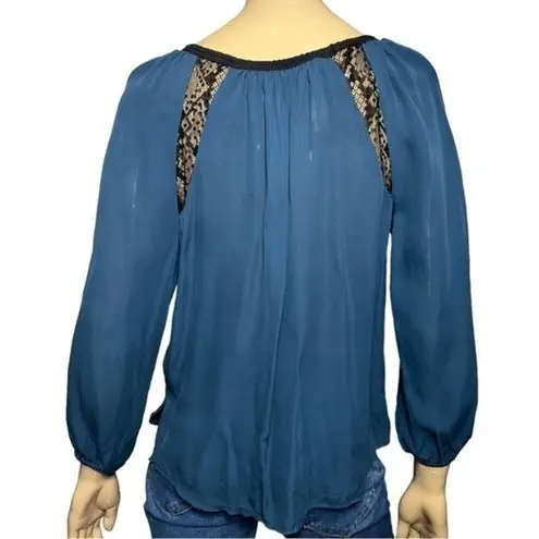 Ramy Brook  Women’s Size XS Blue Black Silk Tie Front Long Sleeve Top Blouse