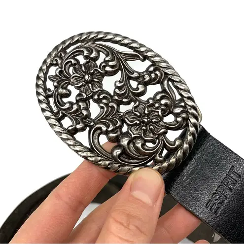 Esprit Genuine Leather Belt Floral Belt Buckle Black Silver 80CM