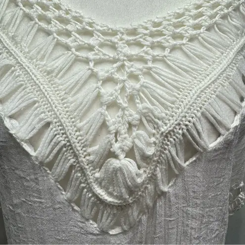 Boho Hippie White Gauzy Cotton & Crochet Lace with Fringe Top Size Medium