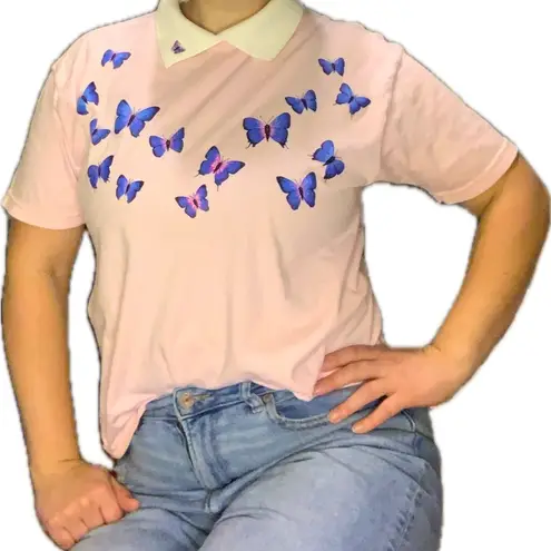 Vintage Morning Sun Butterfly Grahic Tee Shirt Peter Pan Collar Medium M Pink