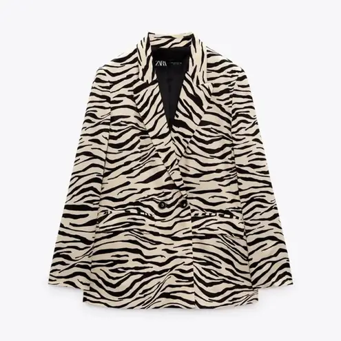 ZARA  Zebra Animal Print Beige Black Satin Double-Breasted Oversized Blazer Small