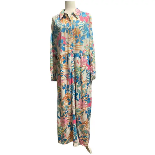Tolani Long Sleeve Resort Knit Dress Martina XL Blue Tropical Floral NWT